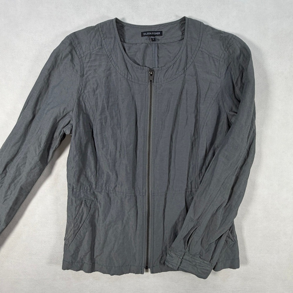 Eileen Fisher Full Zip Jacket Womens Small Gray Cotton‎ Nylon Lightweight